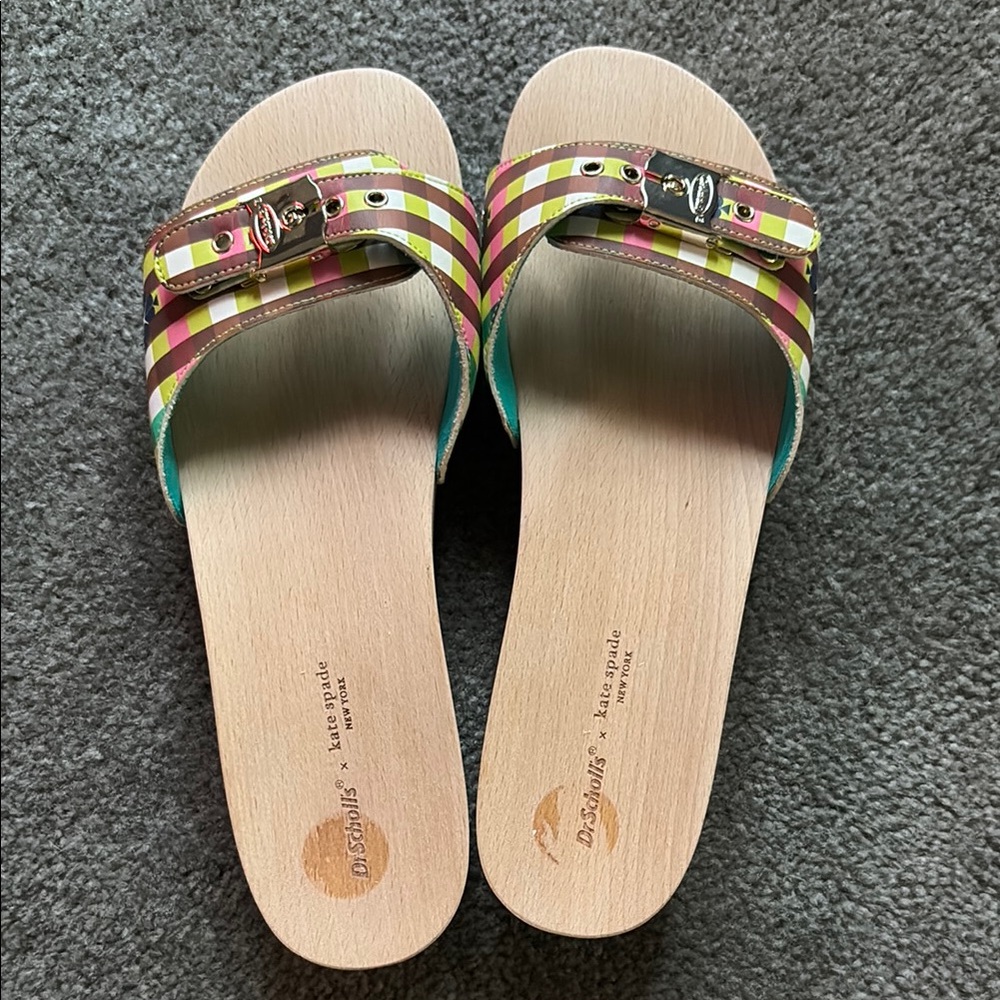 Dr. Scholl's Pink, Green and Brown Striped Slide Sandals